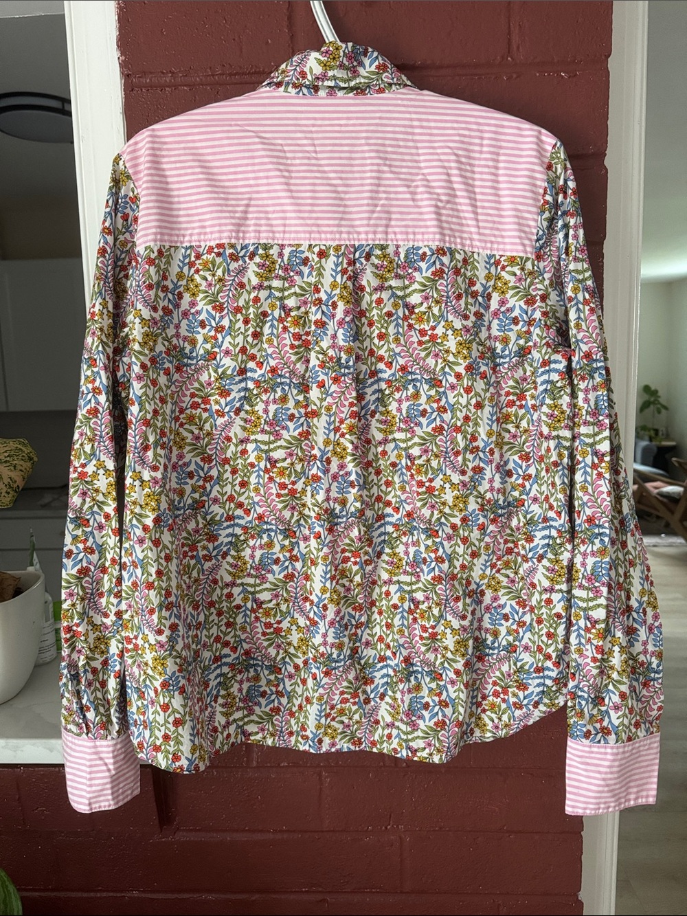 Boden Multicolor Floral Button-Down Shirt with Pink and White Stripes Size 10 - Picture 7 of 9
